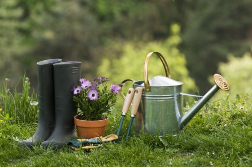 A collection of gardening tools and accessories arranged on a grassy lawn area in a garden. Included are a pair of black rubber boots standing upright, a terracotta pot filled with purple flowering plants, a silver metal watering can with a curved spout, and a set of small hand tools with beige handles, such as pruning shears and a trowel. The background features blurred green foliage and trees, indicating an outdoor garden environment. The scene is set in natural daylight under mild weather conditions, highlighting the vibrant green grass and the various textures of the tools and plants. This setup reflects typical gardening preparations and maintenance activities that might be found in a residential garden, aligning with outdoor lawn care and hedge trimming services offered in Lewisham or nearby areas.